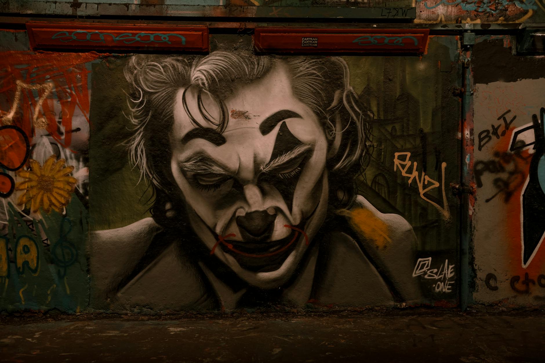 Dramatic Joker-themed graffiti in Leake Street Tunnel, London showcasing urban street art.